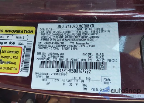 2013 Ford Fusion Se from USA, damaged, VIN 3FA6P0HR5DR167992